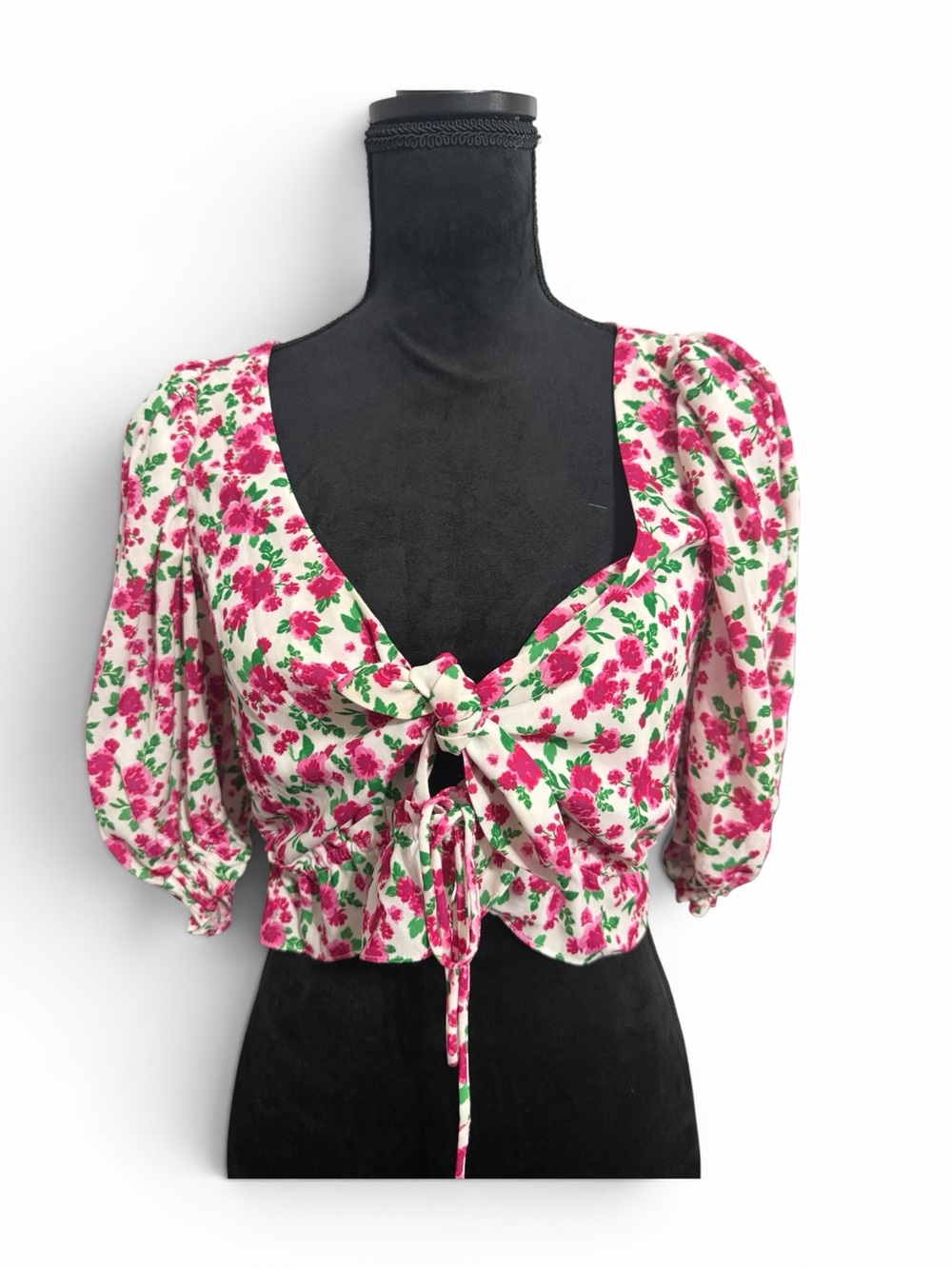 For Love And Lemons Pink & Green Floral Tie-Front Puff Sleeve Crop Top